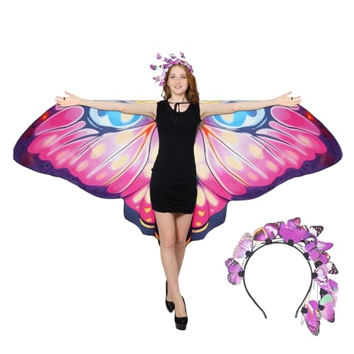 cosmisun Doppelseitiger Druck, Schmetterlingsflügel, Schal, Kostüm und Stirnband, Set für Damen, Halloween, 240 x 111,8 cm, rosa / purpur, Einstellbar von cosmisun