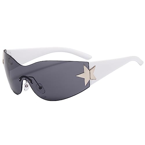 crazy bean Y2k Sonnenbrille für Damen Herren Randlose Wrap Around Sonnenbrille mit UV Schutz 400 Groß Sportbrille mit Futuristisch(Weiß-Grau) von crazy bean