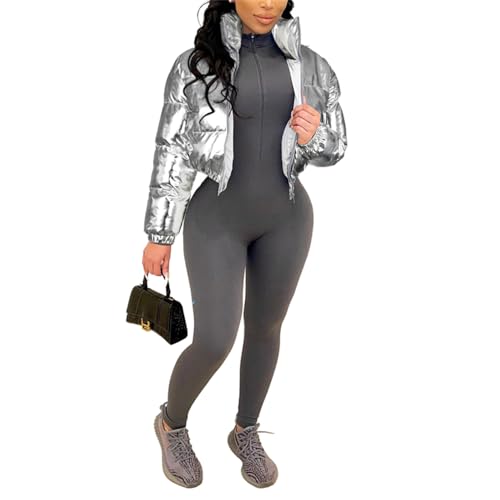 crazynekos Damen Metallic Glänzend Cropped Steppjacke Puffer Jacke - Reißverschluss Gepolsterter Daunenmantel, silber, 38 von crazynekos