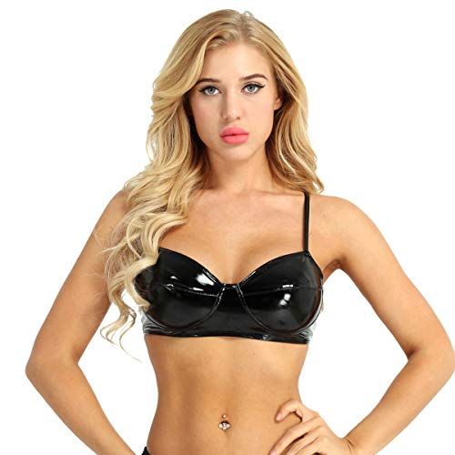 dPois Damen BH Push Up Bügellos Sexy Lack Leder Bra Bustier BH Büstenhalter Wetlook Oberteil Top mit Spagettiträger Unterwäsche Dessous Schwarz 5XL von dPois