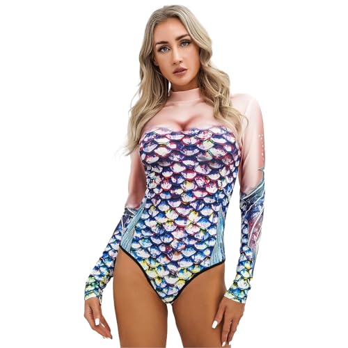 dPois Damen Meerjungfrau Badeanzug Langarm Bademode mit 3D Fischschuppe Druck Schwimmanzug UV-Schutz Sommer Badebekleidung für Schwimmen Surfen Bunt Rosa S/M von dPois