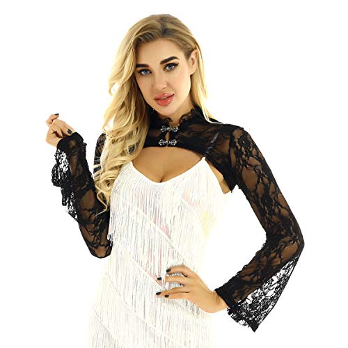 dPois Damen Punk Gothic Bolero Kurzes Crop Tops Schrug Dirndl Bluse aus Spitzen Langarm mit Haken Viktorianische Kostüm für Rollenspiel Party Fasching Schwarz Large von dPois