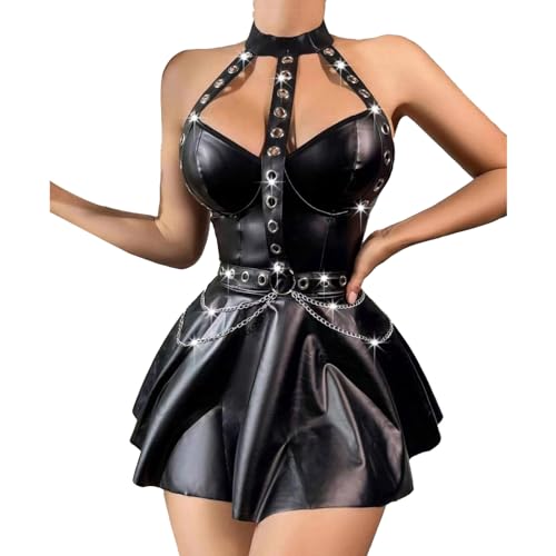 dPois Damen Sexy Kleid Rock Bodycon Wetlook Korsett Kleid aus Lack Leder mit Reißverschluss Faltenrock Party Club Kostüm Schwarz Schwarz_D M von dPois