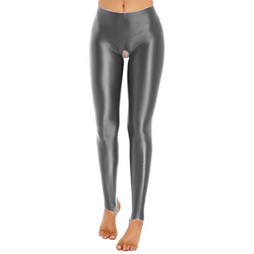 dPois Damen Strumpfhose Offen Schritt Sexy Leggings mit Steg Skinny Tights Pantyhose Hohe Taille Leggins Glänzend Unterwäsche Dessous Stretch B Dunkel Grau mit Steg XL von dPois