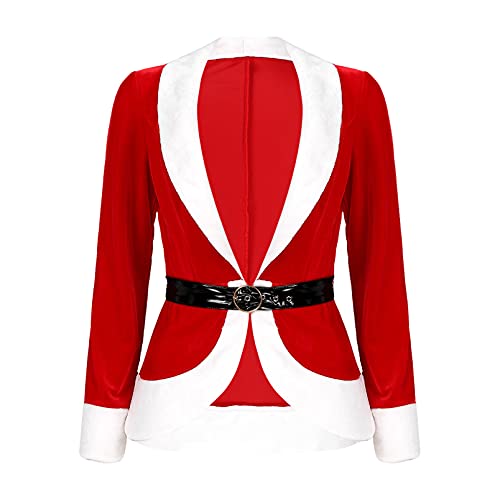 dPois Damen Weihnachtsmann Jacke Oberteil Santa Claus Kostüm Langarm Anzugjacke Blazer mit Gürtel Weihnachten Cosplay Outfits Mottoparty Rot M von dPois