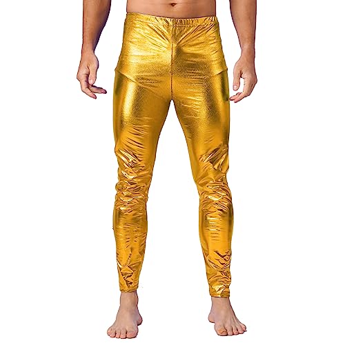 dPois Herren Glänzend Leggings Sexy Slim Fit Leggins Skinny Tights Lange Hose Stretch Männer Halloween Disco Tanz Kostüm Party Clubwear Gold S von dPois