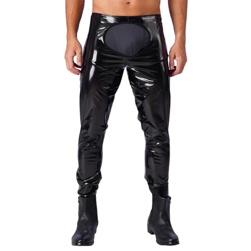 dPois Herren Glänzend Leggings Strumpfhosen Tight Wetlook Hosen Ouvert-Pants Männer Unterhose mit Offenem Penisloch Lederhose Dessous Clubwear M-3XL Schwarz X-Large von dPois