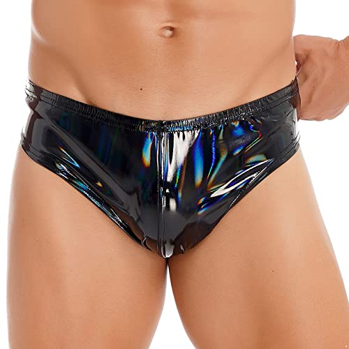 dPois Herren Wetlook Slip Tanga Sexy Unterhose Höschen Slip Lack Leder Briefs Shorts Unterwäsche Dessous Latex Kleidung Clubwear Schwarz Holografisch M von dPois