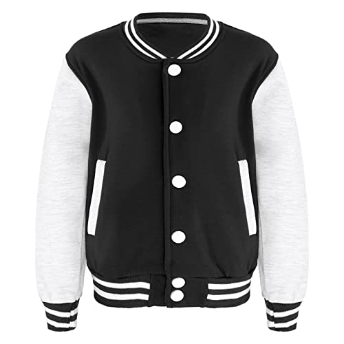 dPois Kinder Junge Baseball Jacke Sweatjacke Ohne Kapuze Mantel Vintage Freizeitjacke mit Knopfleiste Herbst Frühling Outerwear Schwarz 110-116/5-6 Jahre von dPois