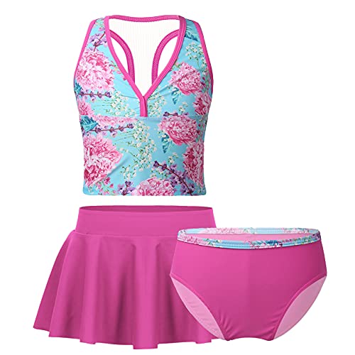 dPois Kinder Mädchen 3tlg. Tankini Badeanzug Set Tank Top Racerback Badehose Rock mit Digitaldruck Schwimmanzug Swimwear Ärmellos Sommer Schwimmen Baden Blau_Blumen 140-152/10-12 Jahre von dPois