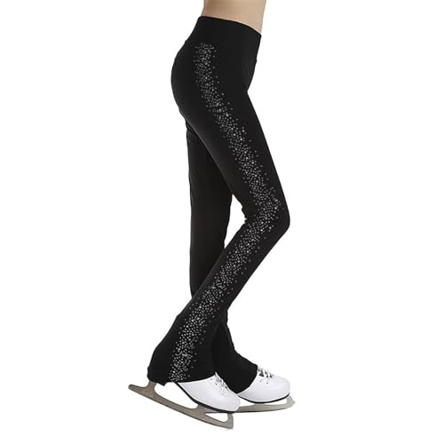 dPois Mädchen Eiskunstlauf Hose Glitzer Leggings Strumpfhose mit Strass Schlittschuhhose High Waist Sport Eislaufen Kostüm A Schwarz 146-152 von dPois