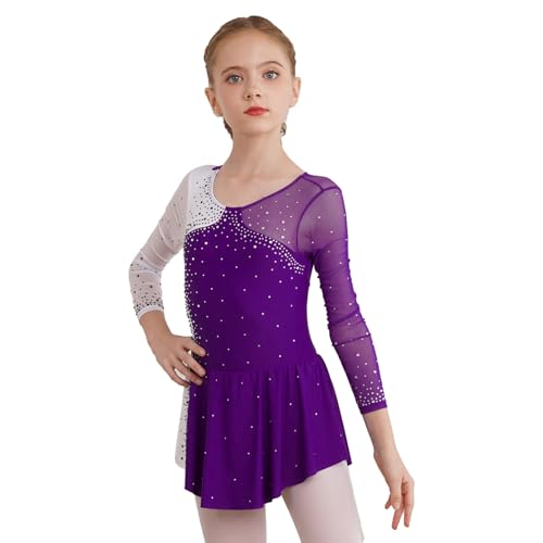 dPois Mädchen Eiskunstlauf Kleid Eislaufkleid Langarm Trikot Kleider Ballettkleid mit Strass Kinder Wettbewerb Auftritt Kostüm Ice Skating Outfit Violett 146-152/11-12 Jahre von dPois