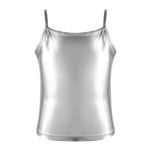 dPois Mädchen Glänzend Crop Top Metallic Spaghetti Shirt T-Shirt Sommer Tops Kinder Ballett Tanz Top Party Bekleidung Sportbekleidung Turnanzug Silber 140/10 Jahre von dPois