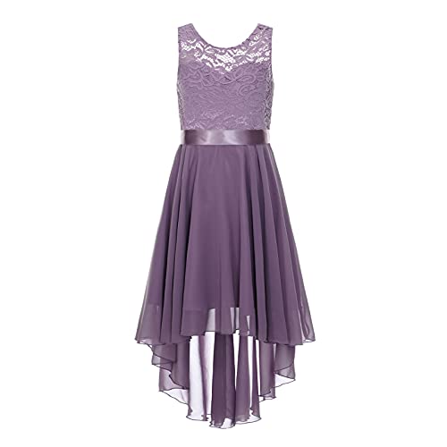 dPois Mädchen Kleid Festlich Vokuhila Kleid Chiffonkleid Ärmellos Blumenmädchenkleid Partykleid mit Spitzen Elegant Kinder Hochzeit Party Festzug Outfits Violett 140-152/10-12 Jahre von dPois