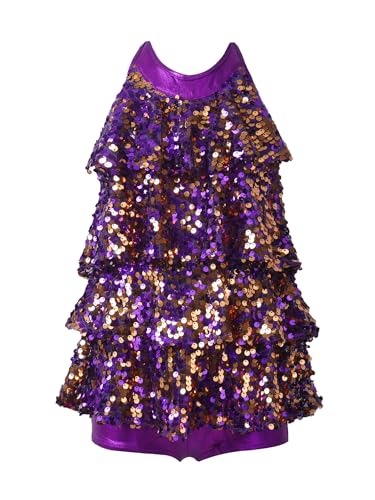 dPois Mädchen Tanzkleid Latein Salsa Kleid Neckholder Tanzanzug Pailletten Volantkleid Unitard Jumpsuit mit Shorts Giltzernde Tanz Bühne Auftritt Kostüm Violett 146-152 von dPois