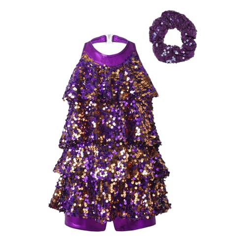 dPois Mädchen Tanzkleid Latein Salsa Kleid Neckholder Tanzanzug Pailletten Volantkleid Unitard Jumpsuit mit Shorts Giltzernde Tanz Bühne Auftritt Kostüm Violett mit Haargummi 134-140 von dPois