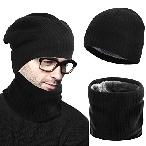 Mütze Schal Set, Schwarz Beanie Mütze Winterschal mit Innenfleece, Baumwollen Strickmütze Winter Schlauchschal für Damen Herren Jungen, Winddichte Schal für Outdoor Motorrad Fahrrad Indoor Aktivitäten von dafuhao