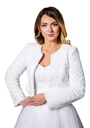 deine-Brautmode Brautjacke Jacke Bolero Hochzeit Braut Hochzeitsjacke Bolerojacke Langarm Fell Pelz CH-48, 40, Weiß von deine-Brautmode