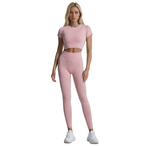 dohomiryo Damen Sportanzug Jogginganzug Sport Sets 2 Teilig Workout Outfit Set Sport Crop Top+Hohe Taille Yoga Leggings Fitness Bekleidungsset Rosa S von dohomiryo