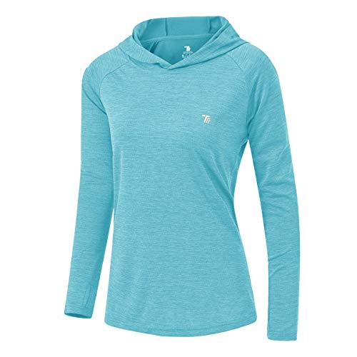 donhobo Damen UPF 50+ Hoodie Pullover Workout Laufen Yoga Wandern Top Leichte Langarm Sweatshirts mit Daumenlöchern (Himmelblau, XL) von donhobo