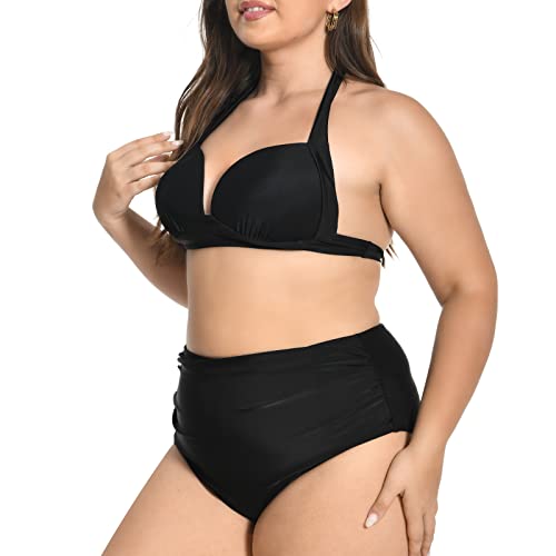 dowskwx Damen Bikini Set Push Up Zweiteiliger Badeanzug Neckholder Bademode mit Hoher Taille Bikinihose Bauchweg Swimsuit (Schwarz,L) von dowskwx