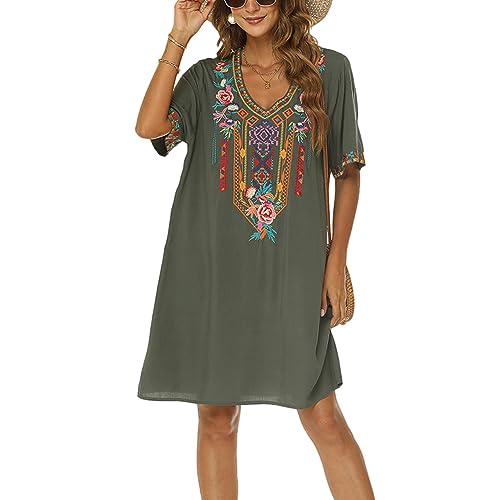 drakloak Damen Bohemian Stickerei Kleid Boho Mexican Peasant Dress V-Ausschnitt Feiertagskleid Hippie Bohemian Kleider Kurzarm Freizeitkleid mit Besticktes Blumen(446 GR 2XL) von drakloak