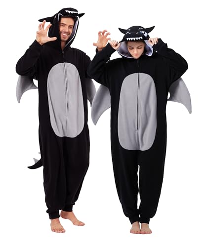 dressfan Erwachsene Drache Onesie Kostüm Strampler Pyjama Halloween Karneval Cosplay Kostüm Tier Familie Paar Pyjama Strampler für Damen und Herren,Schwarz,XL von dressfan