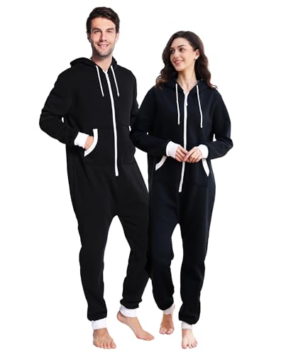 dressfan Unisex Erwachsene Pyjama Schlafanzüge Kapuze Schwarz Onesie Nachtwäsche Thermo Jumpsuit Weihnachten Pyjama für Familie Paare Teenager,M von dressfan