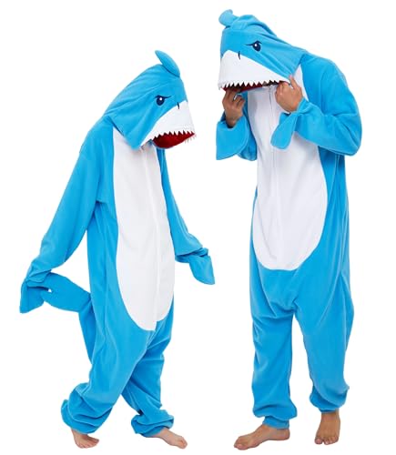 dressfan Unisex Hai Kostüm Tier Shark Onesie Pyjama Schlafanzug Jumpsuits Halloween Karneval Cosplay Kostüm Weihnachten Pyjamas für Damen und Herren,M von dressfan