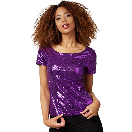 dressforfun 901013 Damen Pailletten Top, Glitzer Kurzarm Oberteil, lila - Diverse Größen - (S | Nr. 303736) von dressforfun