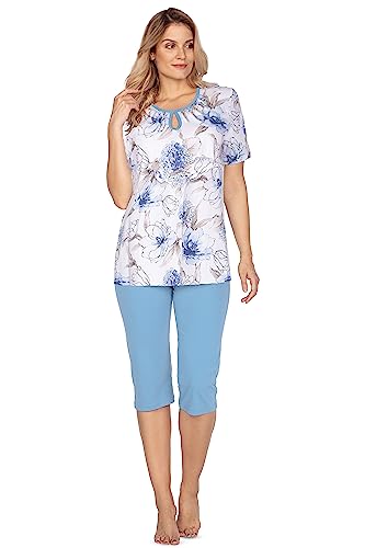 e.Femme® Damen Schlafanzug Pyjama Kurzarm Olivia 1109 Baumwolle, Blaue Hortensien 48 von e.Femme