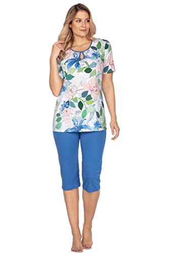 e.Femme® Damen Schlafanzug Pyjama Kurzarm Olivia 1109 Baumwolle, Blumen/Marine 52 von e.Femme