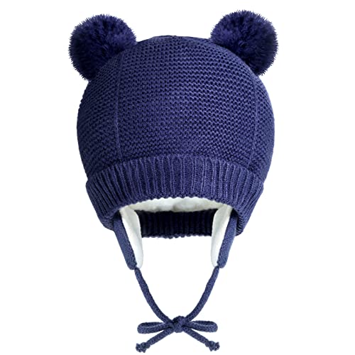 EBOOT Niedliche Baby Wintermütze Warm Strick Ohrenklappen Babymütze Gestrickte Baby Strickmütze Mädchen Jungen Mütze Bommel Baby Beanie für Baby 0-12 Monate (Dunkelblau) von EBOOT