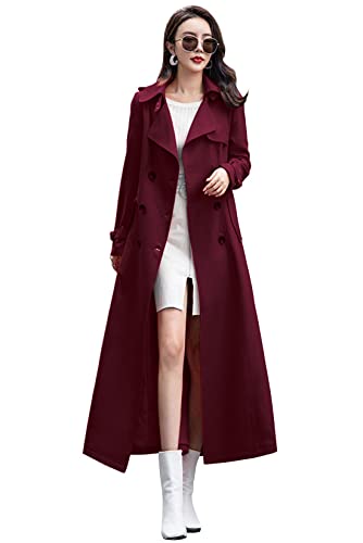 ebossy Damen Zweireihiger Trenchcoat Slim Full Length Maxi Long Overcoat, weinrot, Medium von ebossy