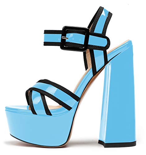 elashe Damen High Heel Sandalen Peep-Toe Pumps Riemchen Chunky heel Knöchelriemchen Pumps Damenschuhe Blau EU43 von elashe