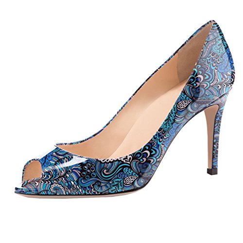 elashe Damen Peeptoe Pumps | 8cm Stiletto High Heel | Bequeme Lack Stilettos Blume-Blau EU38 von elashe