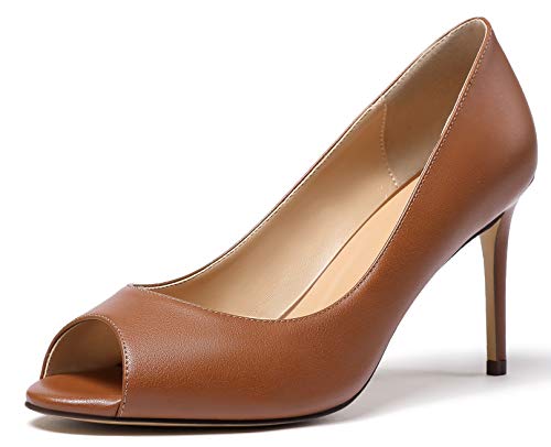 elashe Damen Peeptoe Pumps | 8cm Stiletto High Heel | Bequeme Lack Stilettos Braun matt EU37 von elashe