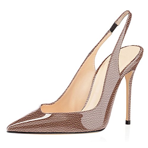 elashe Damen Stiletto Pumps | 10CM Pointy Toe Slingback Sandalen | Hochzeit Schuhe Litchi-Braun EU37 von elashe