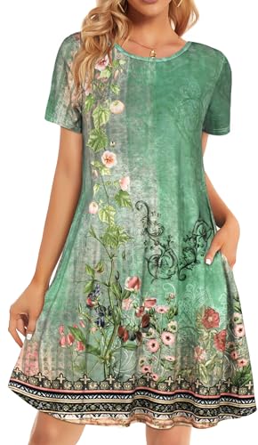 elescat Damen-Sommerkleid, Strandkleid, lässig, T-Shirt, Übergröße, Blumenmuster, kurzärmelig, locker, fließendes Sonnenkleid, Grüne Blumen, Groß von elescat