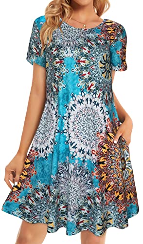 Damen-Sommerkleid, Strandkleid, lässig, T-Shirt, Übergröße, Blumenmuster, kurzärmelig, locker, fließendes Sonnenkleid, Bohemian Blue, 5X-Groß von elescat