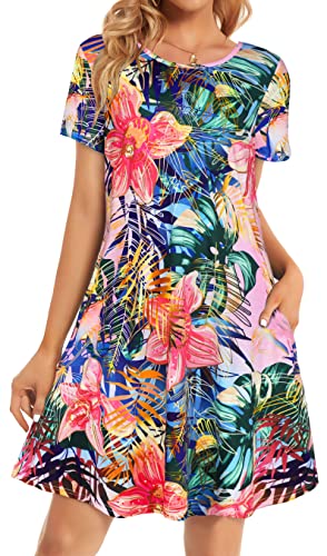 Damen Sommerkleider Strand Casual T-Shirt Übergröße Blumen Kurzarm Lose Flowy Sommerkleider, pink floral, Mittel von elescat