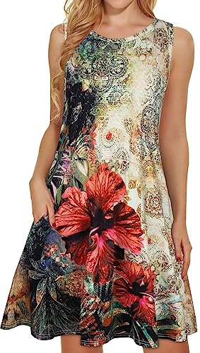 Sommerkleider für Damen, Strandkleid, Blumenmuster, Sommerkleid, ärmellos, Taschen, lässig, lockeres Tankkleid, Große rote Blumen, XX-Large von elescat