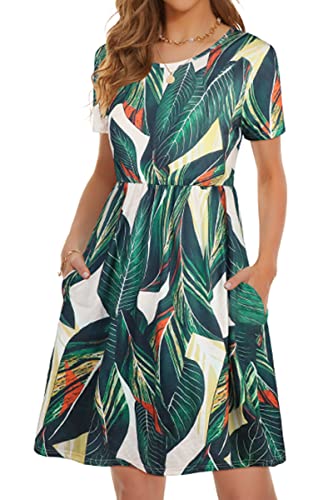 elescat Damen-Sommerkleid, lässig, kurzärmelig, fließend, schwingend, Empire-Taille, Sommerkleid mit Tasche, großes grünes Blatt, Größe M, Großes grünes Blatt, Mittel von elescat