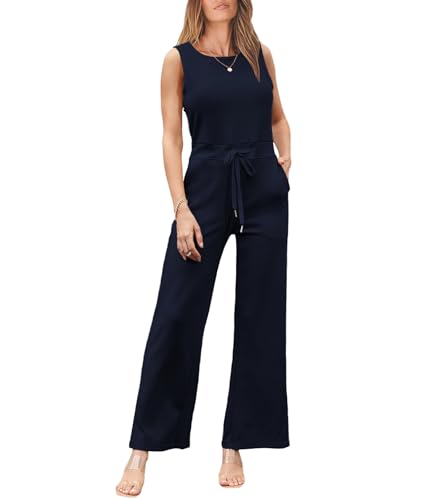 ELLENWELL Luftiger Damen-Jumpsuit, langärmelig, weites Bein, lässig, Reißverschluss, einteiliger Strampler mit Taschen, Marineblau, Medium von ellenwell