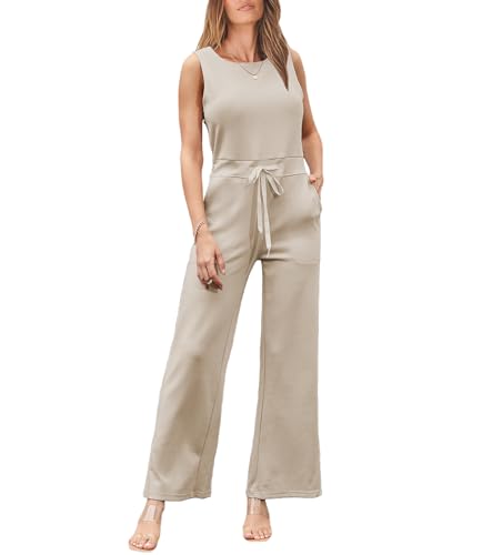 ELLENWELL Luftiger Essential Jumpsuit für Damen, lässig, ärmellos, Kordelzug an der Taille, aprikose, Small von ellenwell