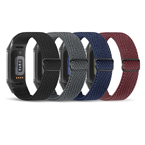 enkic Elastische Nylonbänder, kompatibel mit Fitbit Charge 5 Armbändern, 4 Stück, weiches, verstellbares, dehnbares Armband, atmungsaktiv, Ersatzarmband für Fitbit Charge 5, Herren und Damen von enkic