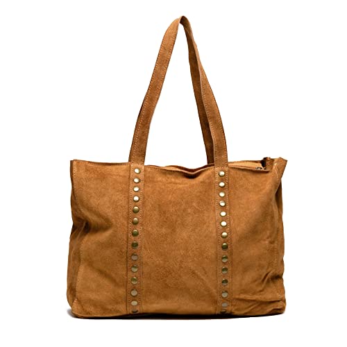 énvo - Shopper Tasche aus Wildleder für Damen, große Größe mit dekorativen Nieten, ideal für die Universität, hergestellt in Italien, Camel von énvo