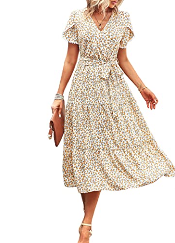 Sommerkleider für Damen UK – Ditsy Floral Maxikleid Wickelkleid mit elastischer Taille und Bindewickel, gestuftes Kleid, grün, lila, schwarz, beige Urlaubskleid, Hochzeitsgästekleid, beige, Small von es-uk