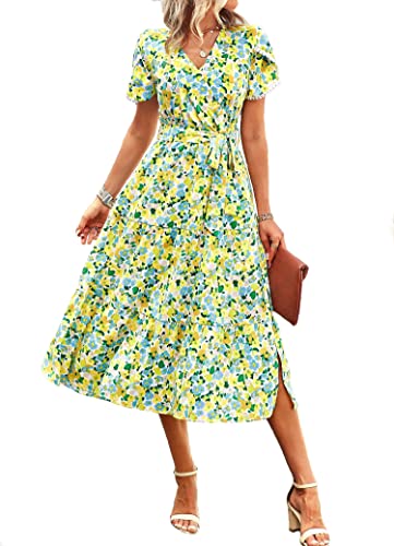 Sommerkleider für Damen UK – Ditsy Floral Maxikleid Wickelkleid mit elastischer Taille und Bindewickel, gestuftes Kleid, grün, lila, schwarz, beige Urlaubskleid, Hochzeitsgästekleid, grün, Small von es-uk