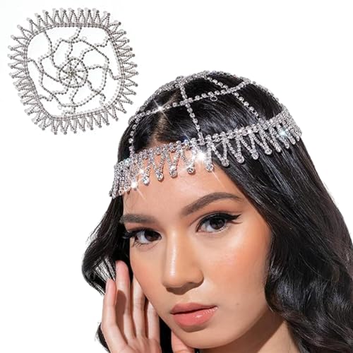 Brautkopfkette 11,81 Zoll glänzende Brautstirn Kopfstück Stilvolle Strasssteine Hochzeit Haarschmuck für Frauen und Mädchen Silber von eurNhrN